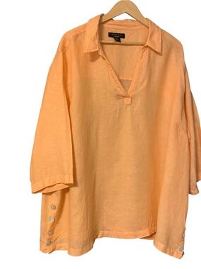 Tahari 3X Orange Linen V-Neck Tunic Top Lagenlook 3/4 Sleeve